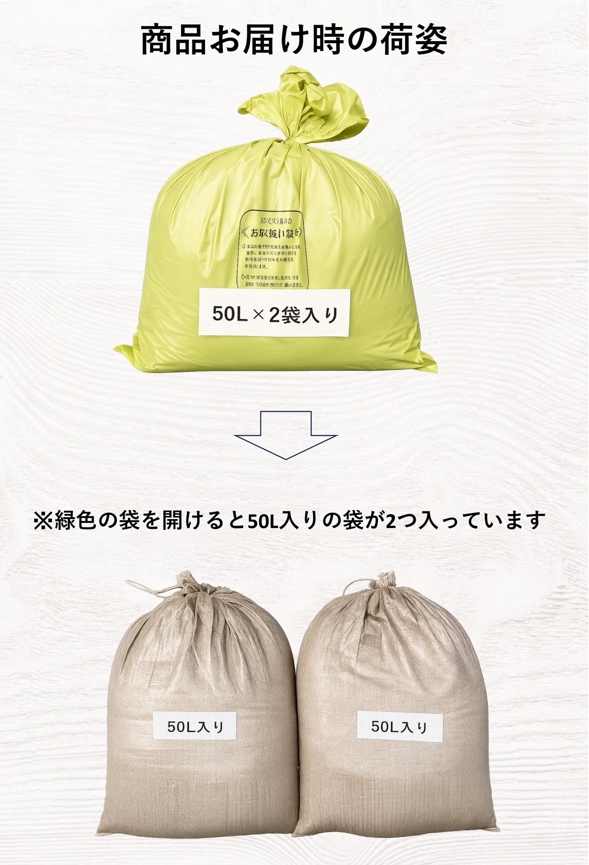 配送時の荷姿:50L入りの袋が2袋、1つの袋に入っています